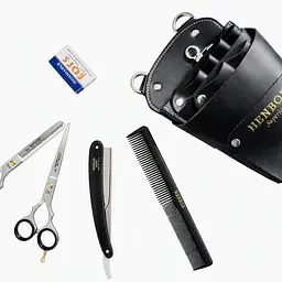 ESTUCHE PORTA TIJERAS NEGRO, CON NAVAJA, PEINE, TIJERA DE CORTE 6" Y ENTRESACAR 6" GRIS - Master